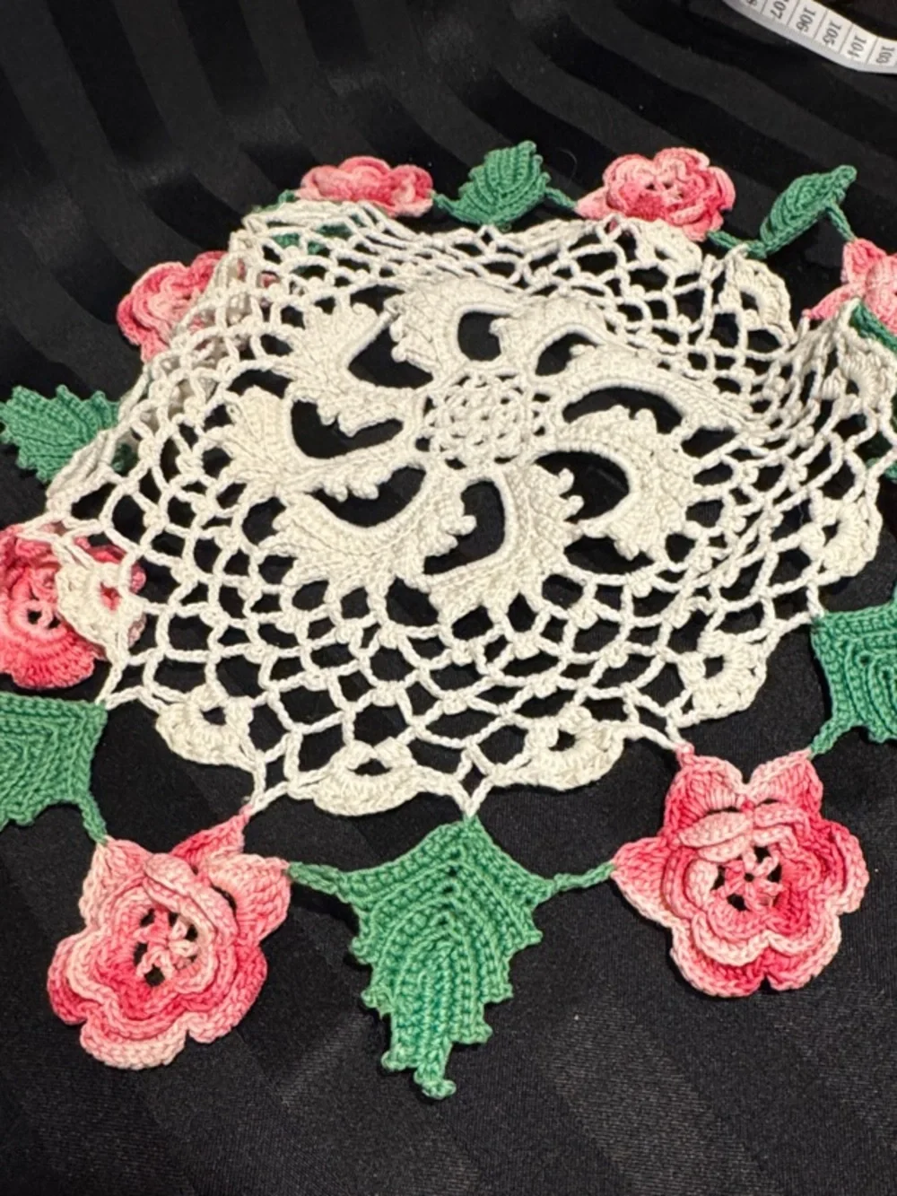 Handmade Irish Rose Crochet Doily with Multi-toned Pink Roses and Greenery